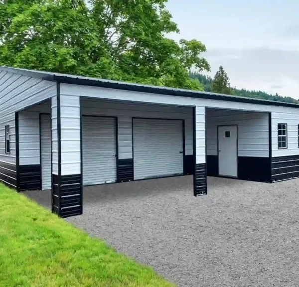 32x35x12/9 Metal Garage with 12' Lean-To - Vertical Roof