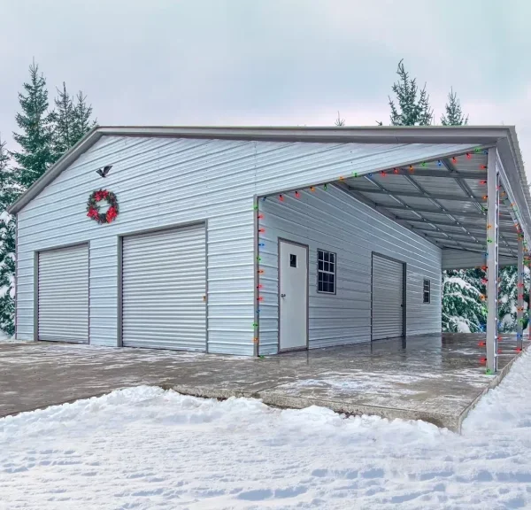 38x40x12/9 Metal Garage with 12' Lean-To - Vertical Roof