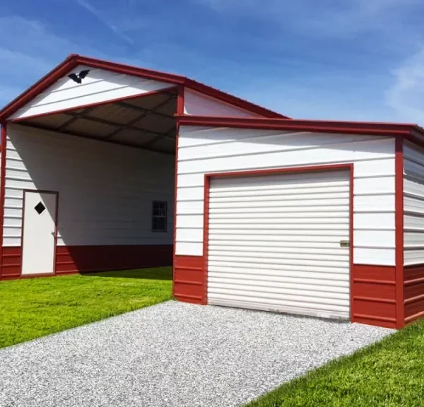 44x25x12/8 Metal Barn with 10' Lean-To - Vertical Roof
