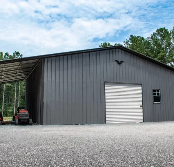 56x30x12/9 Metal Barn with 12' Lean-To - Vertical Roof