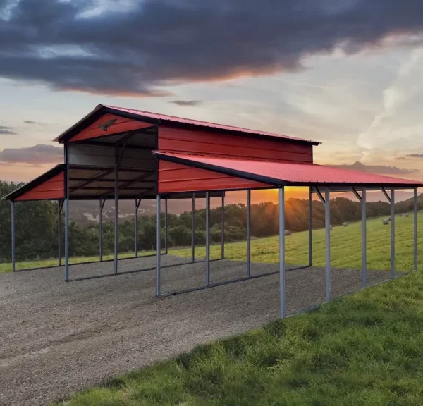 32x20x12/8 Metal Barn with 10' Lean-To - Vertical Roof