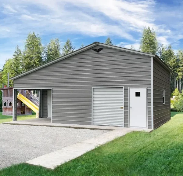 32x25x12/9 Metal Garage with 12' Lean-To - Vertical Roof
