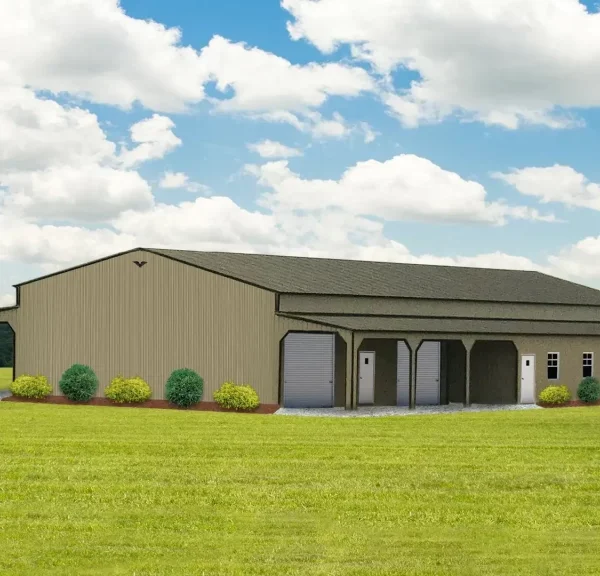 64x80x14 Metal Barn with 12' Lean-To - Vertical Roof