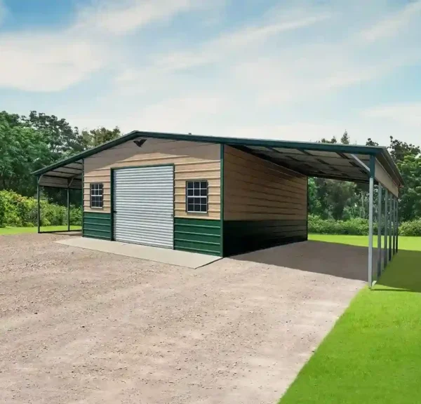 46x25x10/7 Metal Garage with 12' Lean-To - Vertical Roof