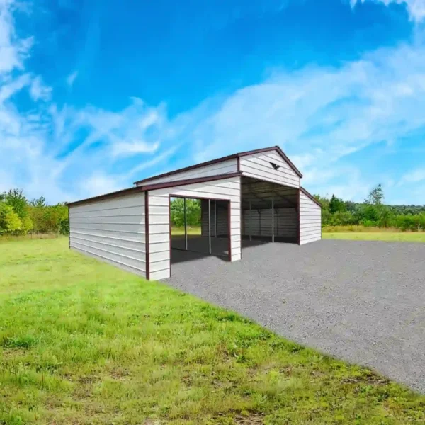 44x30x12/7 Metal Barn with 12' Lean-To - Vertical Roof